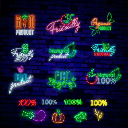 BIO product in neon style. Neon symbol, bright luminous sign, neon night advertising on the theme of Vegetarian food, healthy organical food, vegetables, fruits, vegetarian cafes. Vector illustrationのイラスト素材