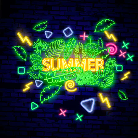 Glowing neon summer sign with neon tropical exotic leaves on dark brick wall background. Vector illustration.のイラスト素材