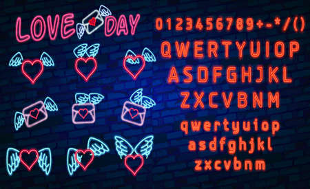 Set neon logo, label, emblem. Happy Valentine's day. Love Day. Neon sign, bright signboard, light banner.のイラスト素材