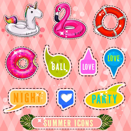 Set of cute and fun summer stickers badges icons patches design elements. Beautiful illustrationのイラスト素材