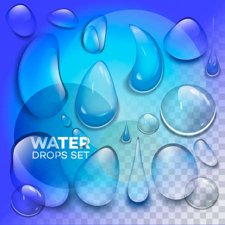 Water rain drops or steam shower isolated on transparent background. Realistic pure droplets condensed. Vector clear vapor water bubbles on window glass surface for your design.のイラスト素材