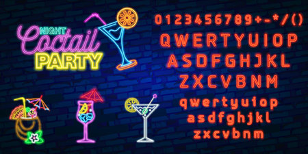 Cocktail neon sign, bright signboard, light banner. Cocktail logo, emblem. Beer neon sign, bright signboard, light banner. Beer logo emblemのイラスト素材