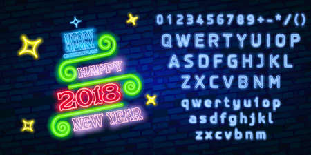 Merry christmas and a happy new year. Greeting card or invitation pattern in neon style. Neon luminous signboard, bright luminous banner. Vector vintage illustration. Editing text neon sign.のイラスト素材