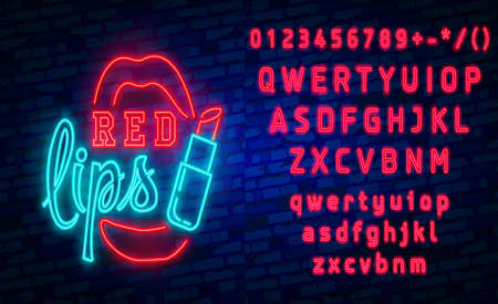Red Lips neon sign, Retro fashion neon sign. bright signboard, light banner. Vector iconsのイラスト素材