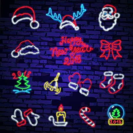 Set christmas neon sign. Neon sign, bright signboard, light banner. Vector icons. Merry Christmas and Happy New Year 2018 collection of neon signs.のイラスト素材