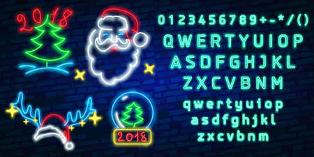 Set christmas neon sign. Neon sign, bright signboard, light banner. Vector icons. Set neon characters for your Christmas projects, greeting cards, flyers, banners.のイラスト素材