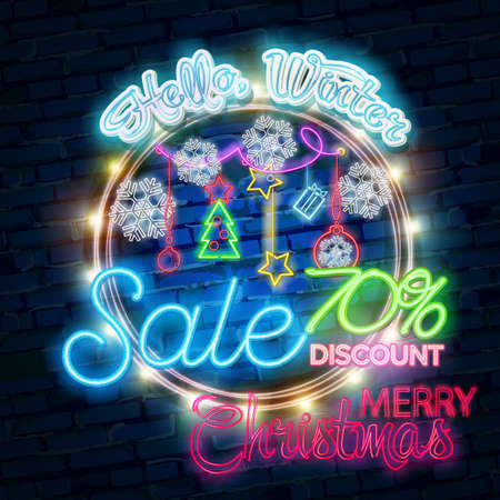 Design template Christmas sale neon sign, bright signboard, light banner. New Year logo, emblem and label. Neon sign creator.のイラスト素材