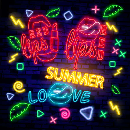 Red Lips neon sign, Retro fashion neon sign. bright signboard, light banner. Vector iconsのイラスト素材