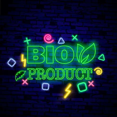 Vegan logo in neon style. Neon symbol, bright luminous sign, neon night advertising on the theme of Vegetarian food, healthy organical food, vegetables, fruits, vegetarian cafes. Vector illustrationのイラスト素材