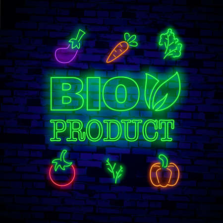 Vegan logo in neon style. Neon symbol, bright luminous sign, neon night advertising on the theme of Vegetarian food, healthy organical food, vegetables, fruits, vegetarian cafes. Vector illustrationのイラスト素材
