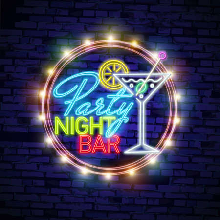 Cocktail neon sign, bright signboard, light banner. Cocktail logo, emblem. Beer neon sign, bright signboard, light banner. Beer logo emblemのイラスト素材