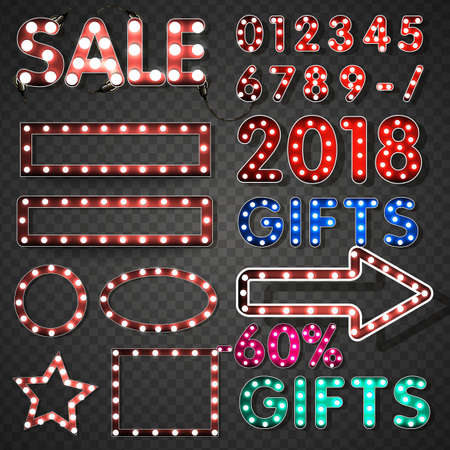 Set of banners in vintage style. Frames with shining lights. Vector illustration. Retro banners with shining lights text: SALE, 2018, GIFTSのイラスト素材