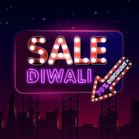 Diwali Festival Offer Big Sale neon text vector design template. Diwali Hindu Sale neon logo, light banner design element colorful modern design trend, night bright advertising, bright sign.のイラスト素材