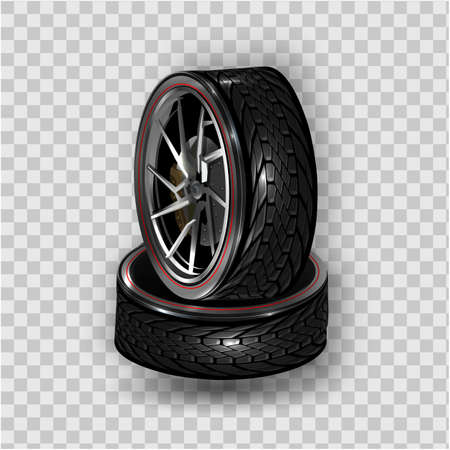 Vector 3d realistic black tyre stacked in pile, shining steel and rubber wheel for car, automobile, isolated on white. Modern rim, tread - automotive equipment for mechanic shop,のイラスト素材