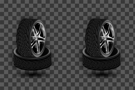 Vector 3d realistic black tyre stacked in pile, shining steel and rubber wheel for car, automobile, isolated on white. Modern rim, tread - automotive equipment for mechanic shop,のイラスト素材