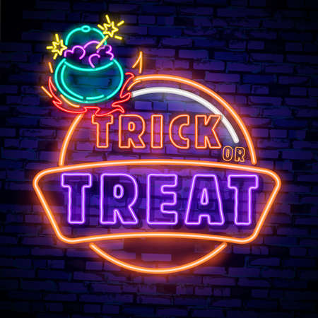 Halloween neon sign vector. Trick or treat Halloween Design template with ghost and web for banner, poster, greeting card, party invitation, light banner. Isolated illustrationのイラスト素材