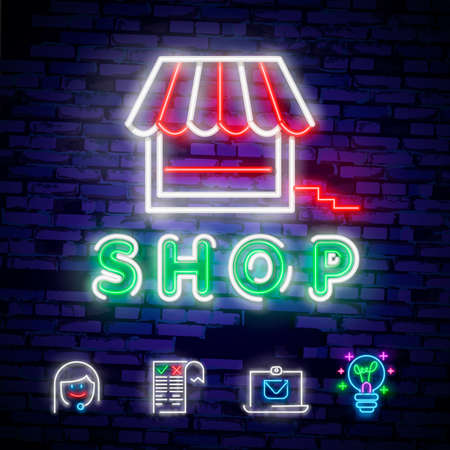 Cyber Monday concept banner in fashionable neon style, luminous signboard, nightly advertising advertisement of sales rebates of cyber Monday. Vector illustration for your projects.のイラスト素材