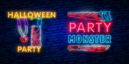 Halloween neon sign collection vector. Halloween Party Design template and web for banner, poster, greeting card, party invitation, light banner.のイラスト素材