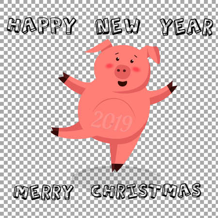 Happy New Year. Set of cute funny pig. Chinese symbol of the 2019 year. Excellent festive gift card for your design.のイラスト素材