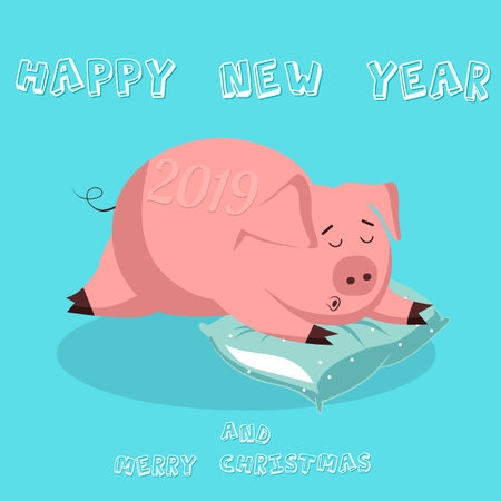 Cute funny pig. Happy New Year. Chinese symbol of the 2019 year. Excellent festive gift card.のイラスト素材
