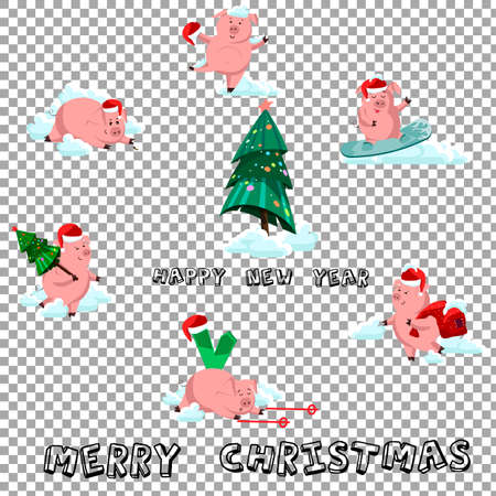 Happy New Year. Set of cute funny pig. Chinese symbol of the 2019 year. Excellent festive gift card for your design.のイラスト素材