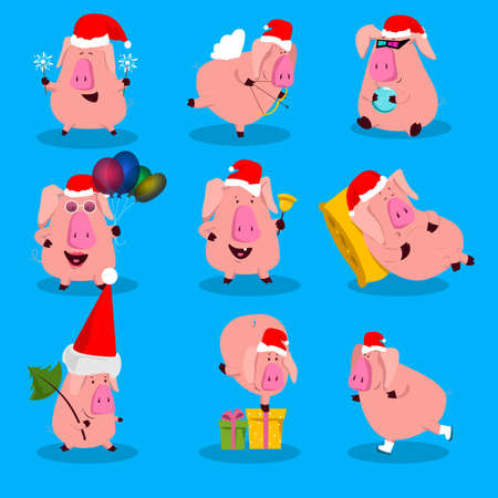 Set of chinese symbol of the 2019 year pig with different emotions. Vector isolated illustrationのイラスト素材