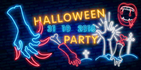 Big set neon logo, label, emblem. Happy Halloween. Neon sign bright signboardのイラスト素材