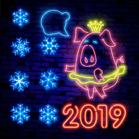 2019 Happy New Year Neon lights design, Merry Christmas and Xmas background, retro card, vector bannerのイラスト素材