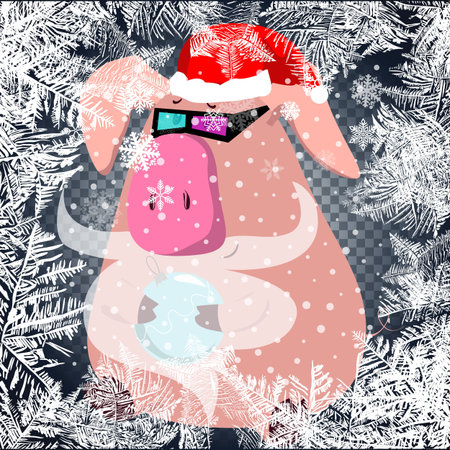 Cute postcard with pig - symbol of the year in the Chinese calendar. Cozy Winter card. Pig illustration isolated on whiteのイラスト素材