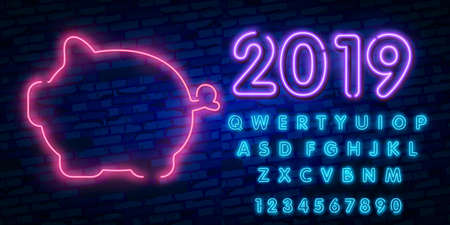 2019 Happy New Year concept with colorful neon lights. Design elements for presentations, flyers, cards, leaflets, posters or postcards. Vector Illustration.のイラスト素材