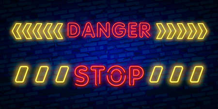 Danger Neon Text Vector. Danger neon sign, design template, modern trend design, night neon signboard, night bright advertising, light banner, light art.のイラスト素材