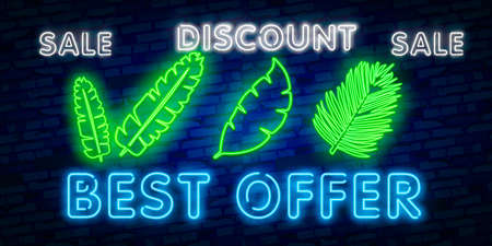 Palm leaves. Glowing sign of coconut palm exotic leaves. Neon tropical palmsのイラスト素材