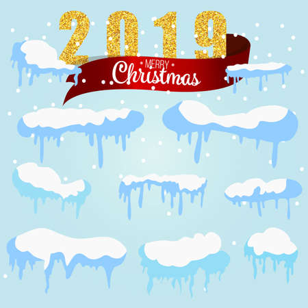 Isolated snow caps set on menu bar and buttons. New year decoration kit for website.のイラスト素材