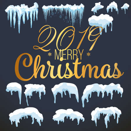 Isolated snow caps set on menu bar and buttons. New year decoration kit for website.のイラスト素材