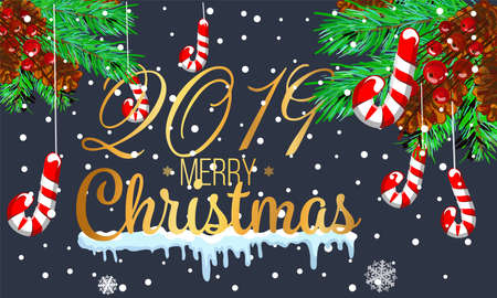 Christmas card with fir branches, balls and snow. Vector paper illustration.のイラスト素材