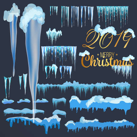 Snow with icicles and snow drifts. Winter snow caps with ice. Set of different blue and white snowy frames for decoration.のイラスト素材