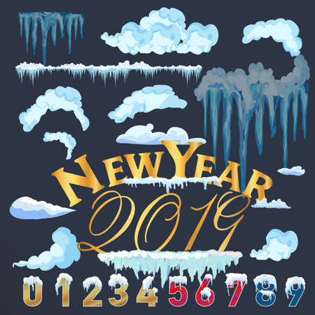 Snow with icicles and snow drifts. Winter snow caps with ice. Set of different blue and white snowy frames for decoration.のイラスト素材