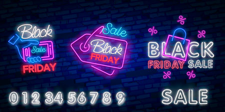 Set of neon signs, posters, brochures on the Black Friday sale. Glowing neon sign, bright glowing advertising, discounts on sales Black Friday.のイラスト素材