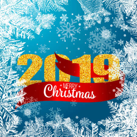 2018 New Year on ice frosted background. RGB. Global colors. One editable gradient is used for easy recolor. Vector illustration. icy Christmas background. snow and iciclesのイラスト素材