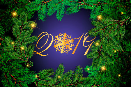 Fir tree branches. Merry christmas glamour background with pine branch and greetings text. Happy new...