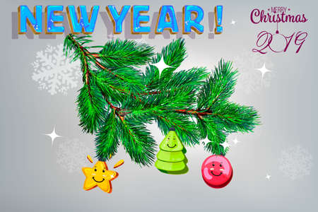 Fir tree branches. Merry christmas glamour background with pine branch and greetings text. Happy new year 2019 greeting vector card.のイラスト素材