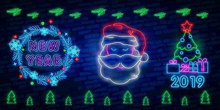 Merry Christmas and 2019 Happy New Year neon sign with snowflakes, hanging christmas ball, santa hat, candy.のイラスト素材