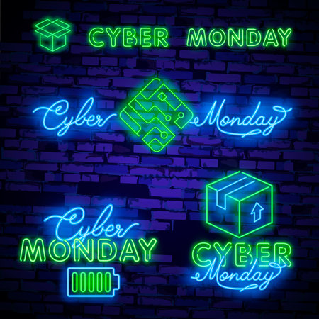 Cyber Monday neon sign, bright signboard, light banner. Discount, night sale logo, emblemのイラスト素材