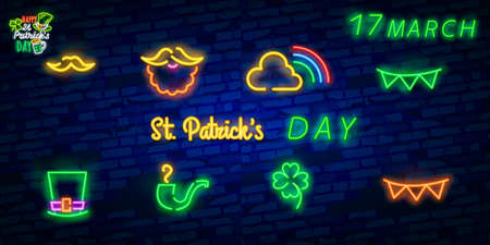 St. Patrick's Day icon set isolated. Patrick's Day neon sign. Horseshoe, Clover, Rainbow, Gold coin, Beer, Flag Ireland and Calendar icon.のイラスト素材