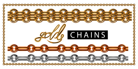 Set of realistic vector golden chains with clasp. Vector illustration of gold links isolated on whiteのイラスト素材