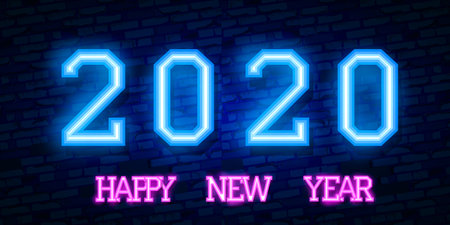 2020 New Year Concept with Colorful Neon Lights. Retro Design Elements for Presentations, Flyers,...