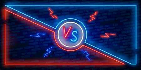 Versus screen design in neon style. Neon banner Announcement of two fighters. Blue futuristic neon...