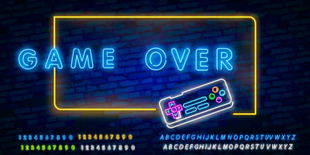 Game Over Neon Text Vector. Game Over neon sign, Gaming design template, modern trend design, night neon signboard, night bright advertising, light banner, light art.のイラスト素材