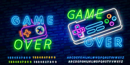 Game Over Neon Text Vector. Game Over neon sign, Gaming design template, modern trend design, night neon signboard, night bright advertising, light banner, light art.のイラスト素材
