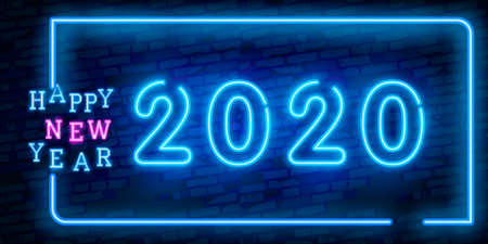 2020 New Year Concept with Colorful Neon Lights. Retro Design Elements for Presentations, Flyers, Leaflets, Posters or Postcards.のイラスト素材